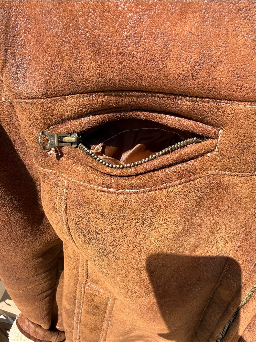 Guess Y2K New Unisex Brown Faux Suede Bomber Jacket with Shearling/ pockets "L" - Picture 3 of 17